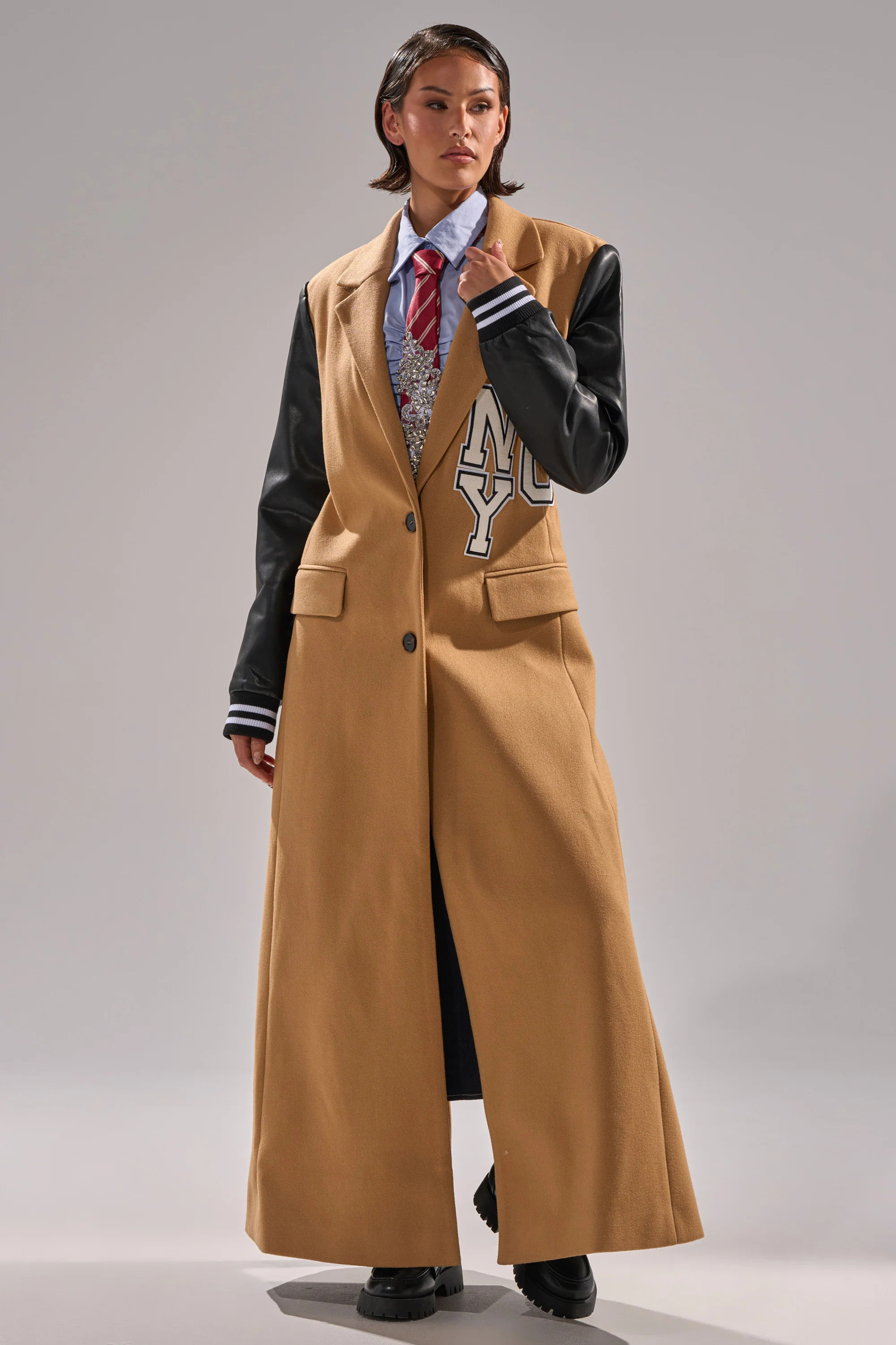 Faux Leather Varsity Trench Coat, Women | AKIRA | AKIRA