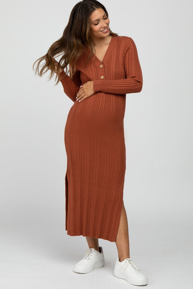 Rust Ribbed Knit Side Slit Maternity Maxi Dress | PinkBlush Maternity