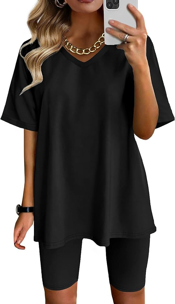 Two Piece Outfits For Women Summer V Neck T-Shirt Tops Biker Shorts Workout Sports Tracksuit | Amazon (US)