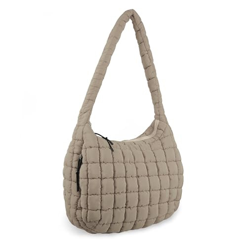 Quilted Puffer Tote Bag for Women,Large Puffer Crossbody Shoulder Lightweight Nylon Hobo Pouch with Zipper,Purse Puffy Quilted Carryall Bag Oversized Padding Tote for Daily Travel(Khaki) | Amazon (US)