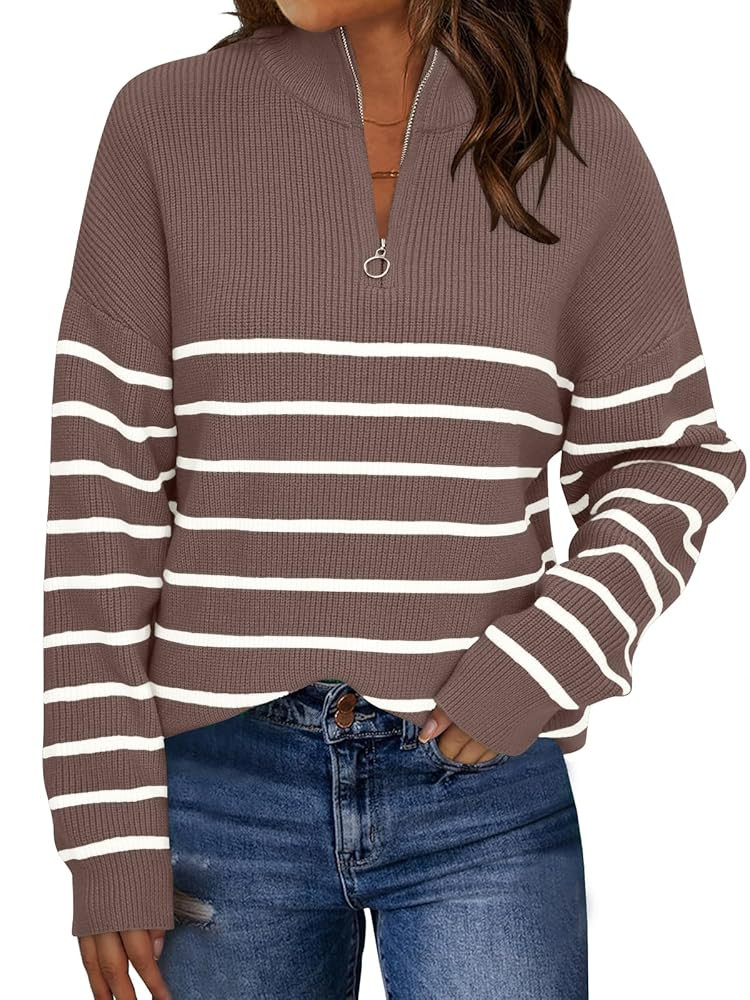 LILLUSORY Women's Quarter Zip Striped Oversized Sweater 2025 Mock Turtleneck Fall Fashion Outfit | Amazon (US)
