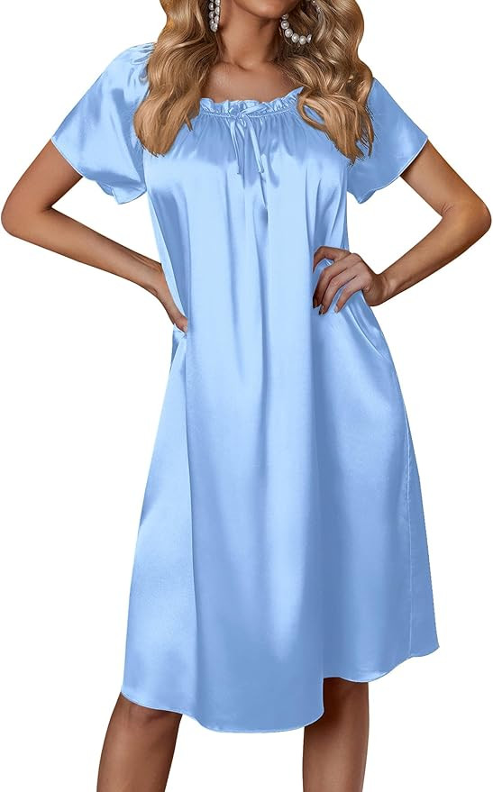 Ekouaer Women's Satin Silk Pleated Nightgown Loose Sleepwear Printed Nightshirt Short Sleeve Slee... | Amazon (US)