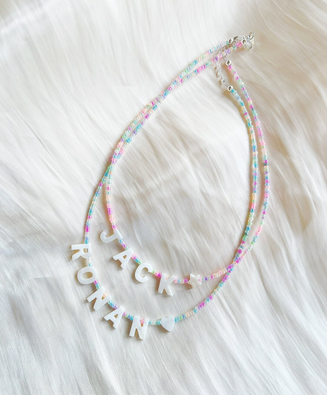 Pastel Glass Bead Name or Word Necklace Personalised With Mother of Pearl Letters Silver Plated, ... | Etsy (US)