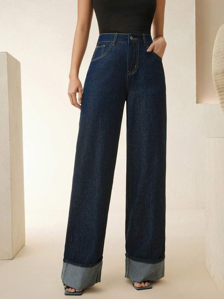 Anewsta Elegante Und Schöne Marineblau Geschnittene Ferien-Damenjeans | SHEIN
