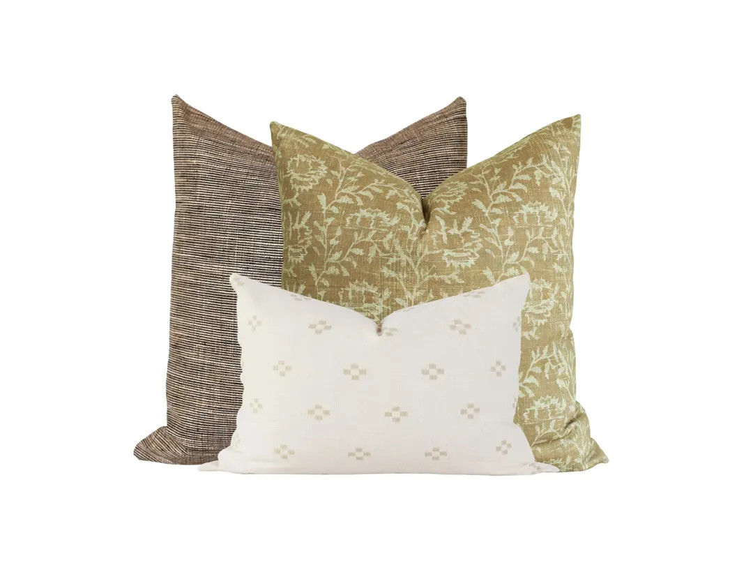 Earth Tone Pillow Cover Set: Brown Stripe, Mustard Floral, Ivory Geometric | Etsy (US)