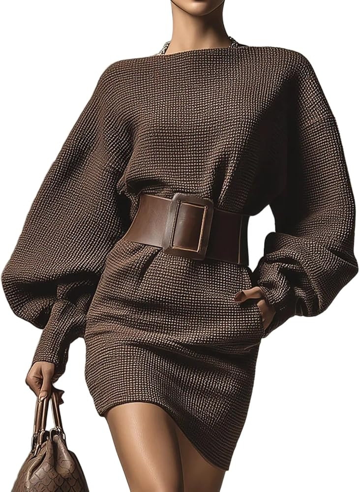 Women's Waffle Knit Mini Dress Oversized Batwing Long Sleeve One Shoulder Dress Elegant Bodycon D... | Amazon (US)