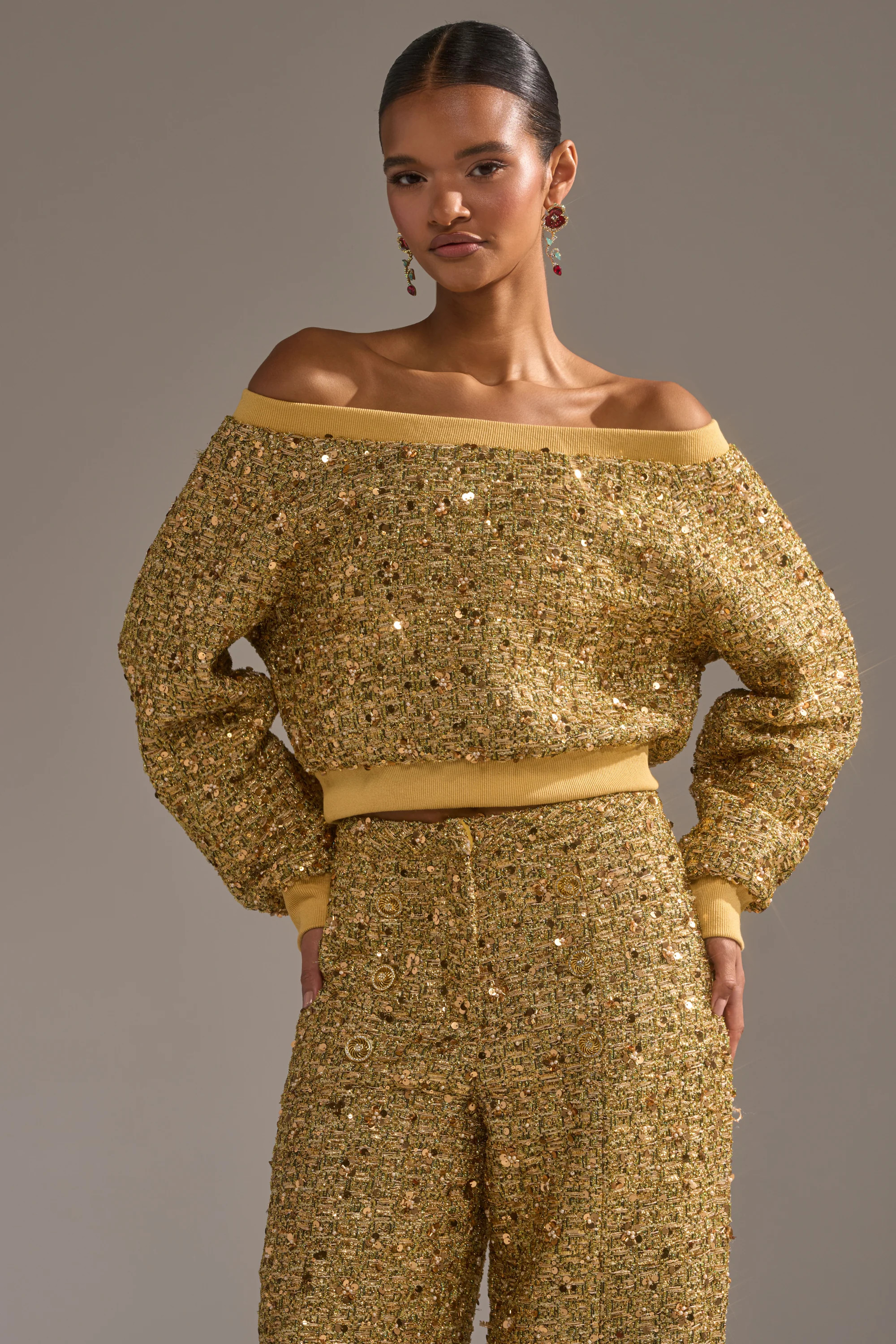 PRETTY IN GOLD OFF THE SHOULDER SWEATSHIRT | AKIRA