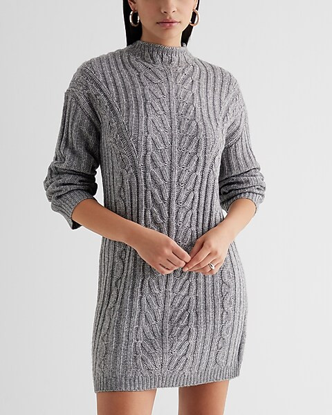 Cable Knit Mock Neck Long Sleeve Mini Sweater Dress | Express