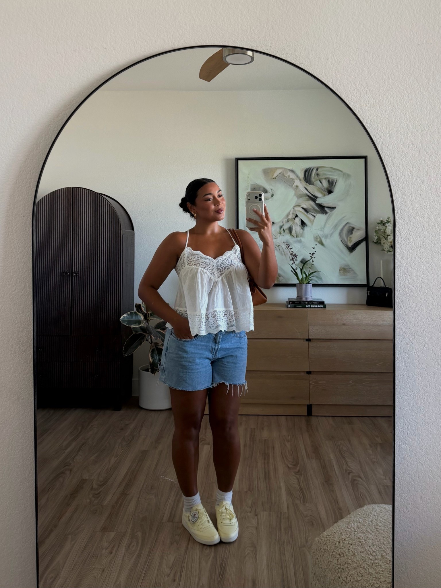 casual spring fit of the day🤍 top is @Grey Bandit (wearing a L, runs true to size), shorts are Tilly’s (so comfy, runs true to size), sneakers are Reeboks 

#LTKMidsize #LTKSeasonal #LTKootd