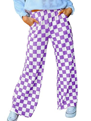 IYOWEL Womens Checkered Pants Y2K Pajama Pants Elastic Waist Wide Leg Lounge Pants Comfy Pj Bottoms with Pockets Loungewear Purple White XL | Amazon (US)