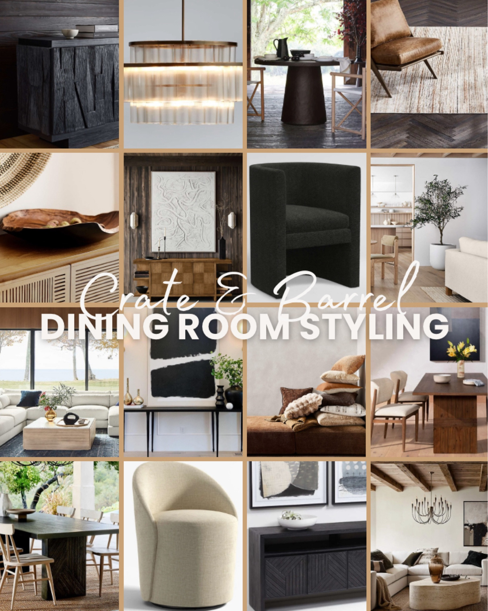 Crate & Barrel Fall Decor Edit. Beautiful solid black wood sideboard and dining table paired with textured dining chairs. Adding rich warm brown tones. Ground the room with a neutral wool area rug and on the ceiling a Brass & Glass Chandelier. 🤎🖤

#ltkcanada #ltkautumn

#LTKHome #LTKFallSale #LTKSeasonal