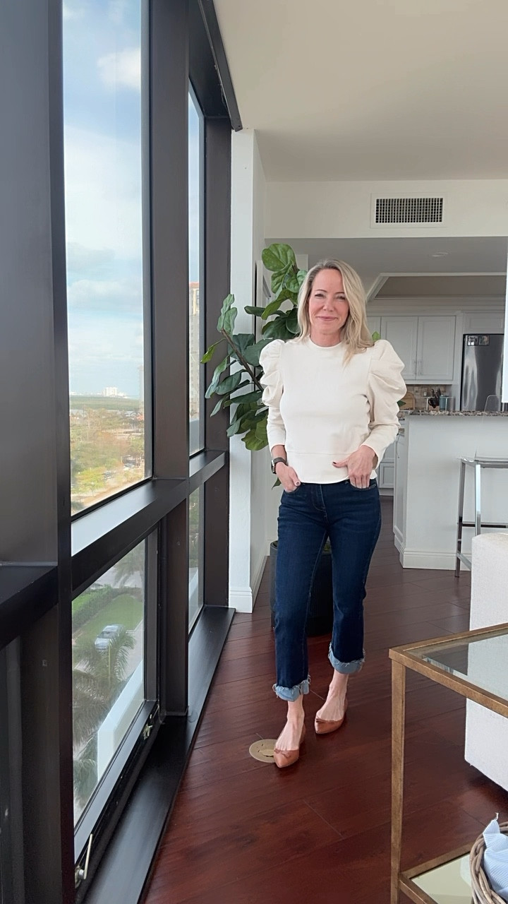 OOTD, puffy sleeve sweatshirt, stretchy cuff straight jeans and flats!

#LTKVideo #LTKStyleTip #LTKOver40
