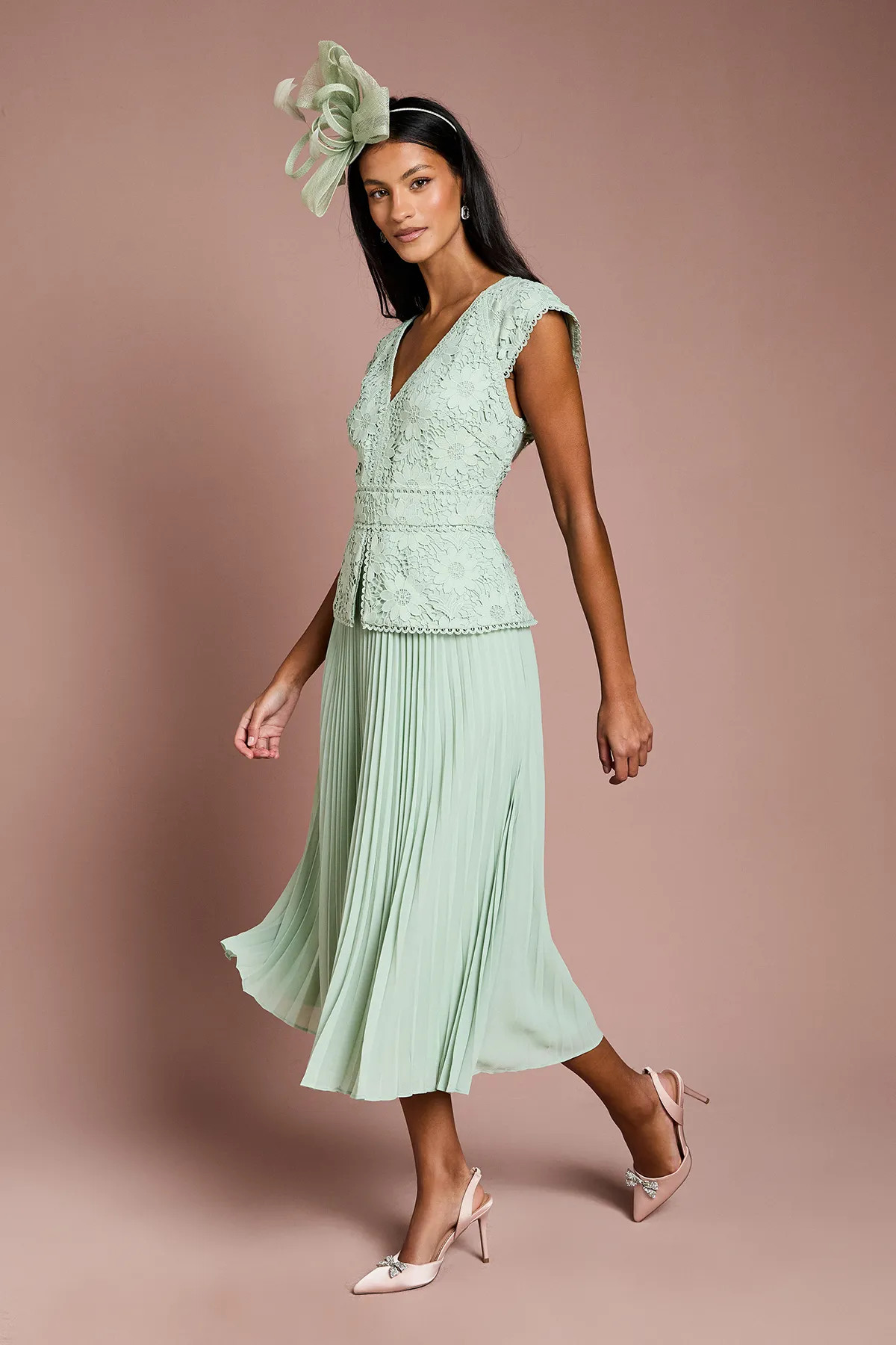 Sage Coast Petite V Neck Lace Bodice Peplum Midi Dress | Oasis | Oasis UK & IE