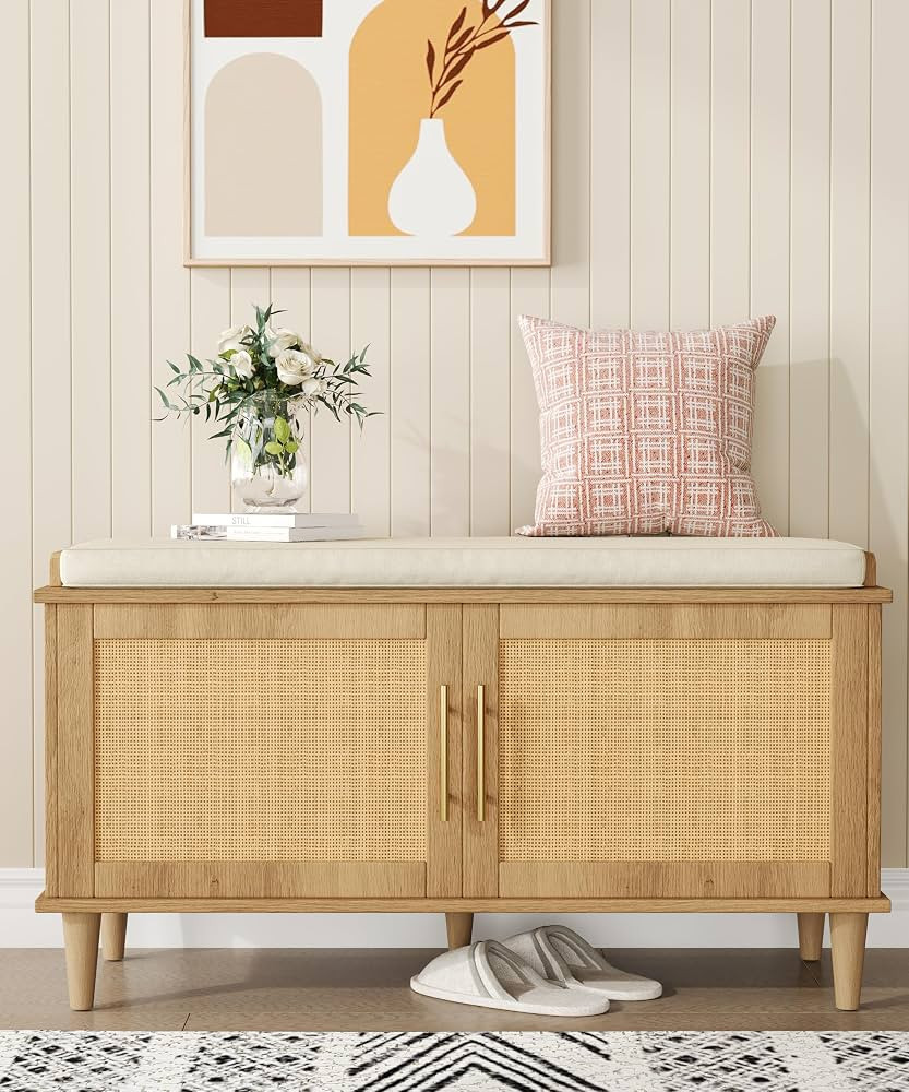 Akxomel Rattan Shoe Storage Bench with Cushion, 2-Tier Entryway Bench with Adjustable Shelves and... | Amazon (CA)