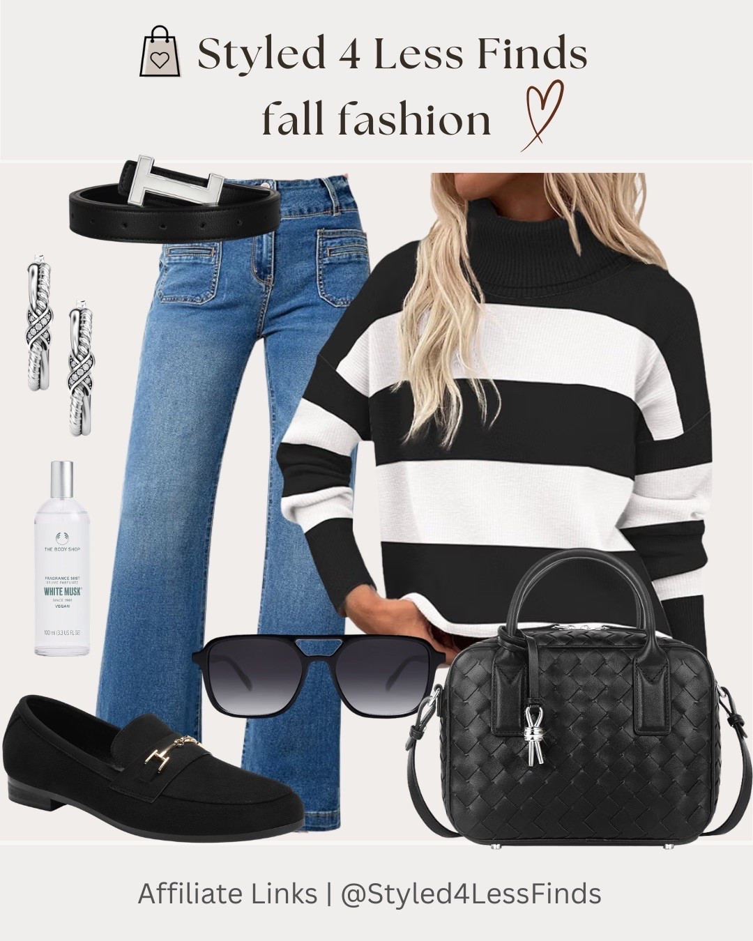 A classic black + white moment with denim is one of those outfits that always looks polished without trying too hard. 🤍🖤 I love how the striped turtleneck, wide-leg jeans and loafers create an easy, elevated look — then the woven bag, belt, sunnies and silver hoops pull everything together.

STYLE TIP ✨ When wearing a bold stripe, keep your accessories in one colour family. Black accessories ground the look and let the sweater be the statement, while silver jewelry adds just the right amount of shine.

#LTKcanada #LTKfall #LTKover50style