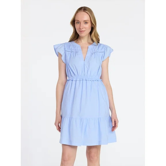 Time and Tru Women's and Women's Plus Tiered Cotton Mini Dress with Flutter Sleeves, Sizes XS-4X | Walmart (US)