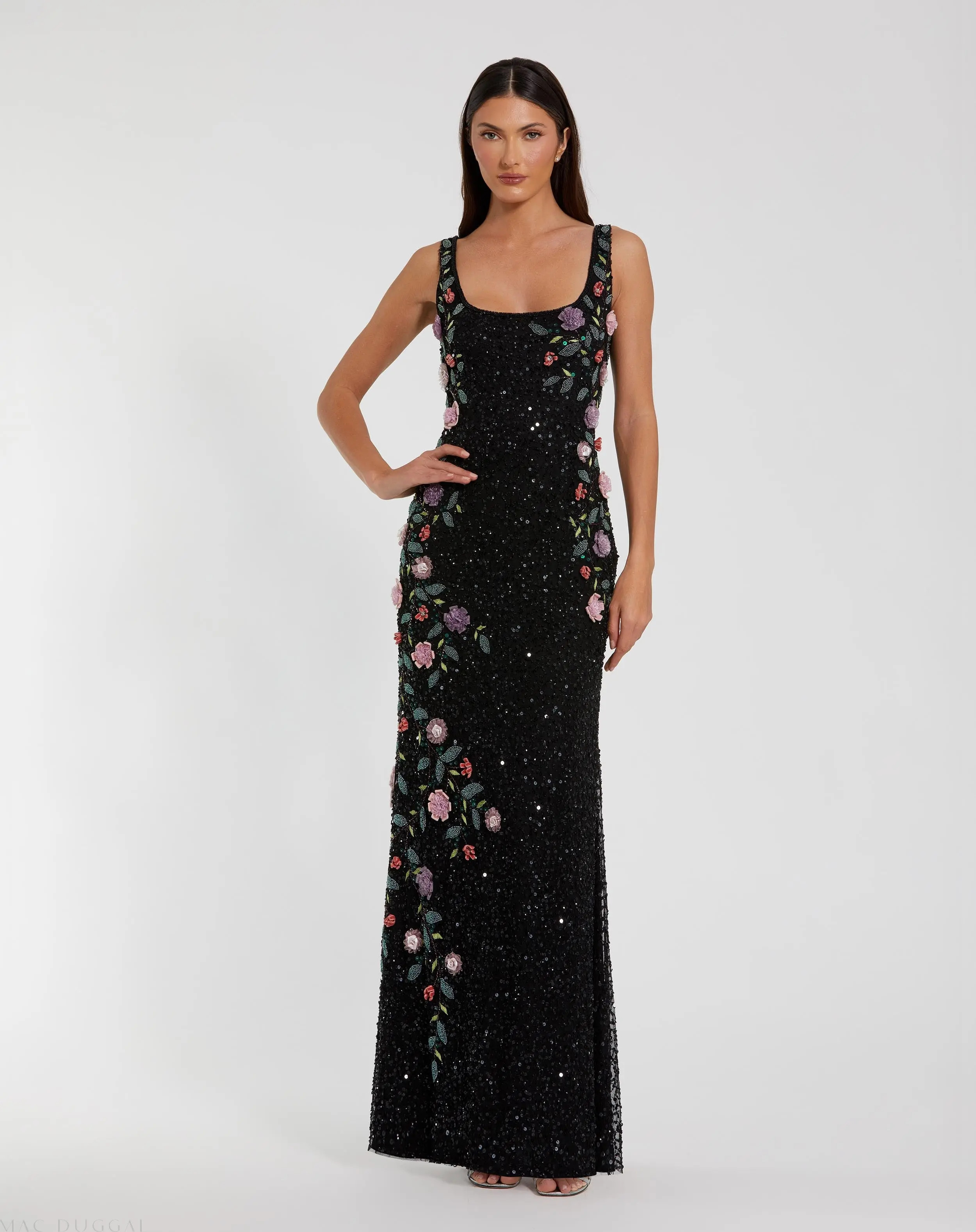 Black Floral Beaded Mesh Scoop Neck Sleeveless Gown | Mac Duggal