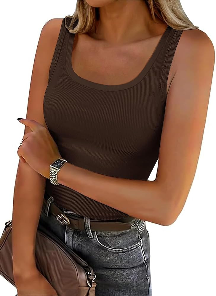 Roselux Women's Sleeveless Scoop Neck Fitted Tank Top Ribbed Knit Casual Basic Cami Shirts | Amazon (US)