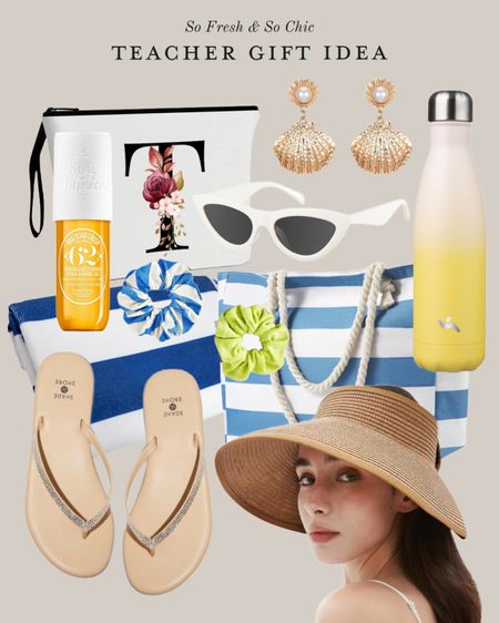 What I gave to my daughter’s amazing teacher! Note: The beach bag is excellent! Large and with a zipper. 
-
Teacher gift idea - end of year teacher gifts - beach bag - beach towel - Cheirosa 62 - diamond strap flip flops - shell pearl earrings - Amazon jewellery- Amazon finds - Target finds - affordable gifts - summer gifts - monogram pouch - bridesmaid gifts - white cat eye sunglasses - roll up beach hat - water bottle - summer beach day accessories - wide brim roll up sunhat 

#LTKFindsUnder50 #LTKStyleTip #LTKSwim