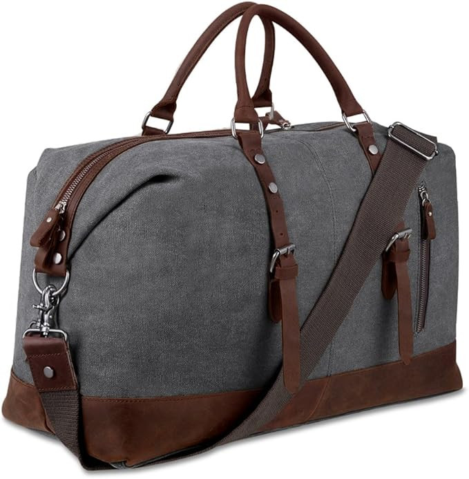 BLUBOON Canvas Overnight Bag Travel Duffel Genuine Leather for Men and Women Weekender Tote (Grey... | Amazon (US)