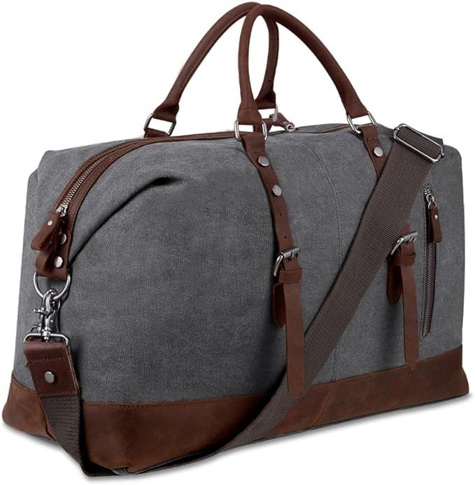 BLUBOON Canvas Overnight Bag Travel Duffel Genuine Leather for Men and Women Weekender Tote (Grey... | Amazon (US)