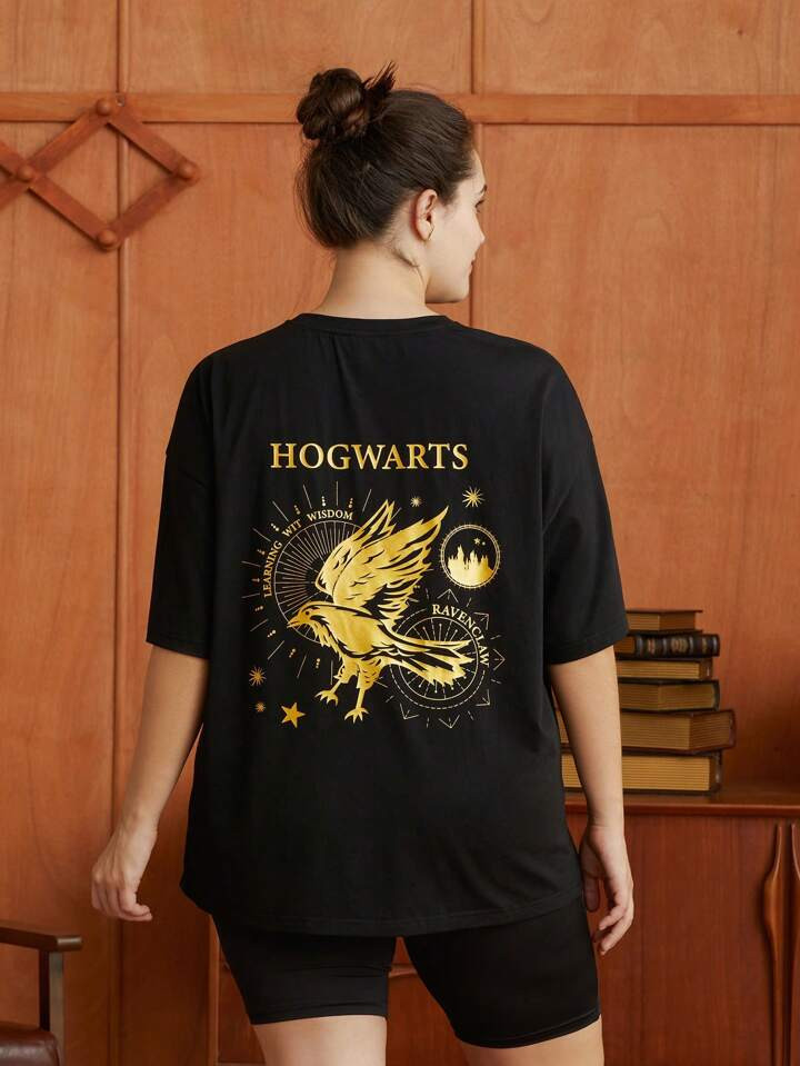 HARRY POTTER X SHEIN Plus Eagle & Letter Graphic Drop Shoulder Tee | SHEIN