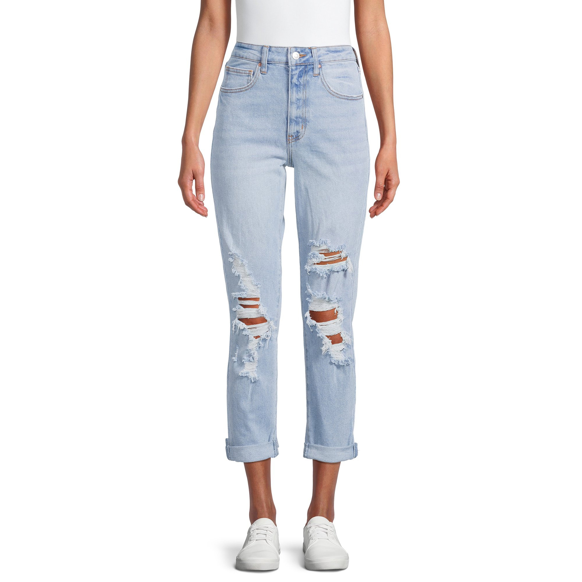 No Boundaries - No Boundaries Juniors’ High Rise Destructed Girlfriend Jeans - Walmart.com | Walmart (US)