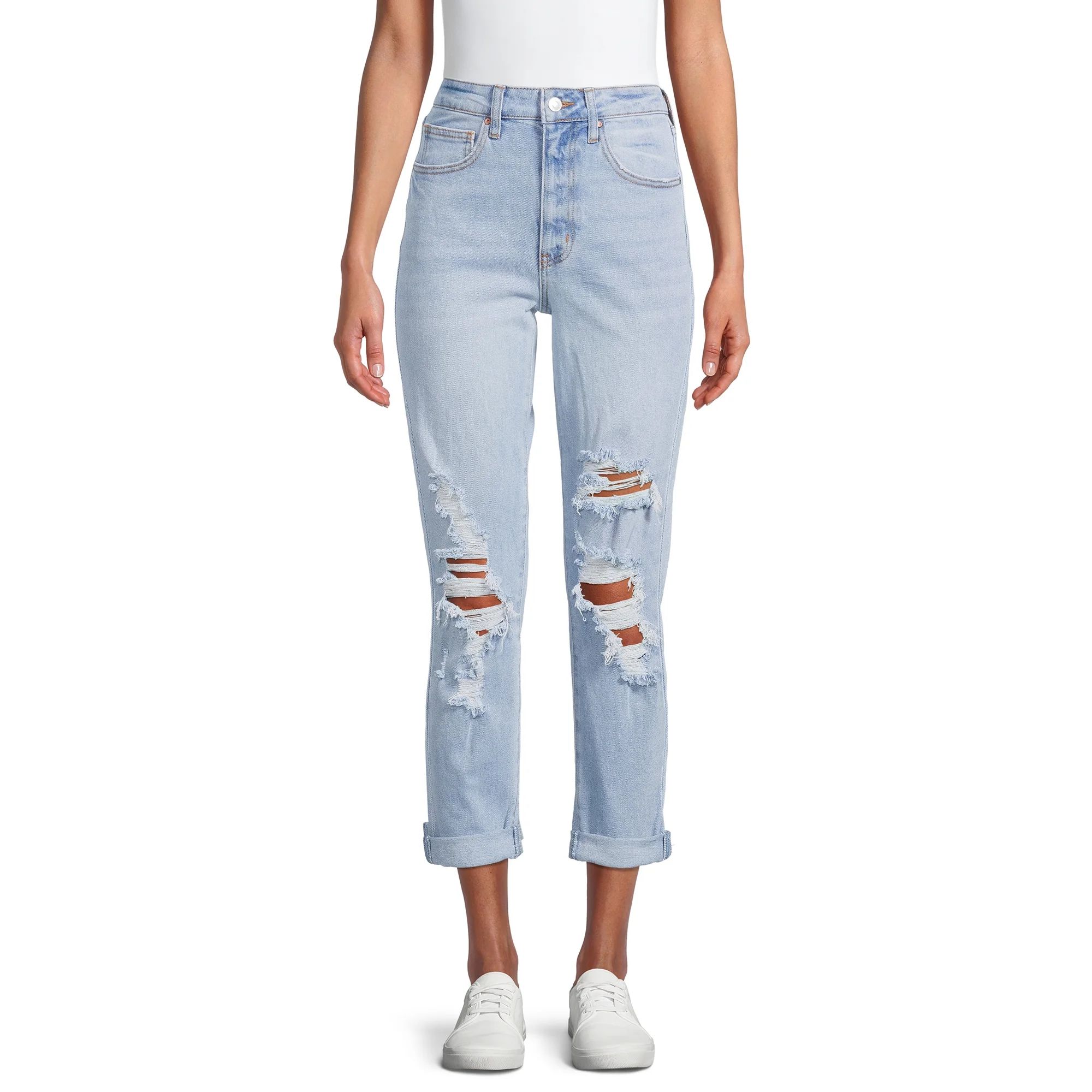 No Boundaries Juniors’ High Rise Destructed Girlfriend Jeans | Walmart (US)