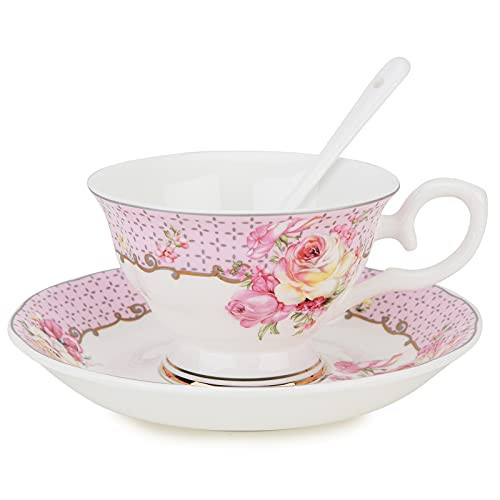 Kitchenexus Porcelain Tea Cup and Saucer - Vintage Ceramic Elegant Floral Tea Cup Set with Matching Spoon (8.11oz/230ml) | Amazon (US)