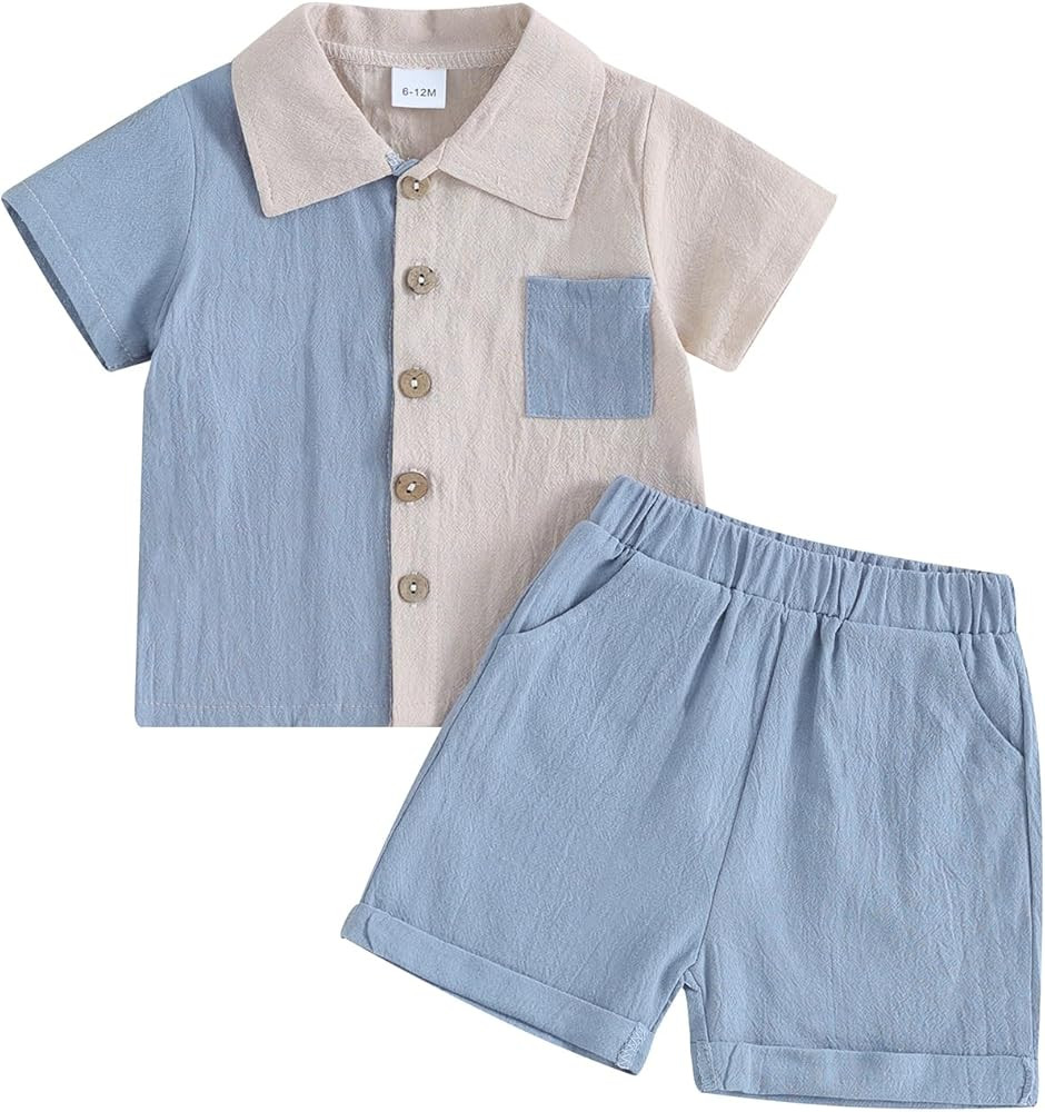 Toddler Baby Boy Summer Outfit Short Sleeve Contrast Color Shirt Top and Casual Shorts Set Cute I... | Amazon (US)