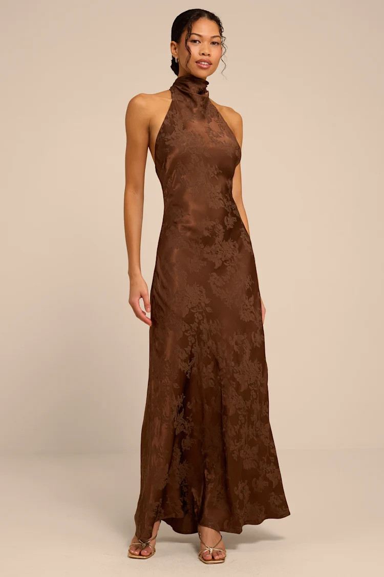 Winslow Brown Satin Jacquard Mermaid Maxi Dress | Lulus