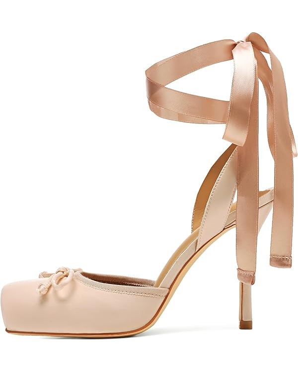 Satin Ballet Heels for Women Closed Square Toe Bow Ballerina Heels Lace Up High Heel Slingback Pu... | Amazon (US)