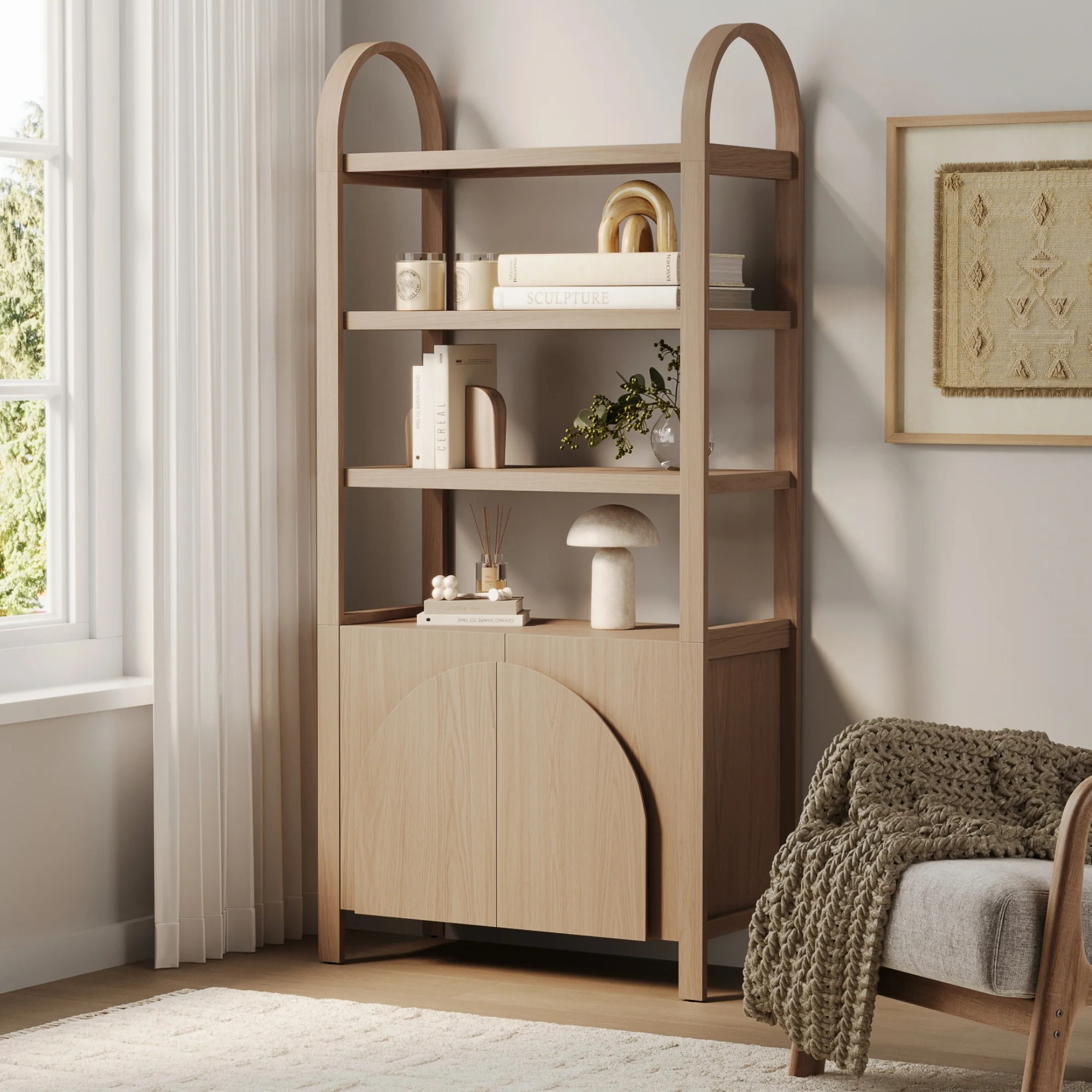 Mid-Century Arched Door Bookshelf with Doors Raw Oak | Nathan James