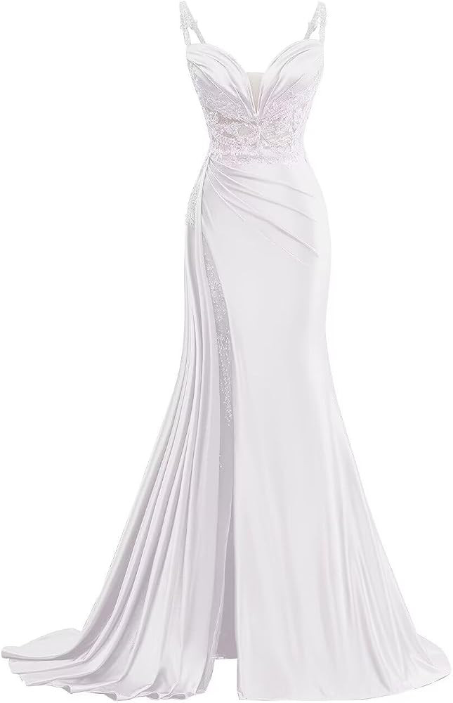 V Neck Satin Prom Dresses Long Mermaid Lace Evening Gown with Slit Pleated Bodycon Formal Dress w... | Amazon (US)