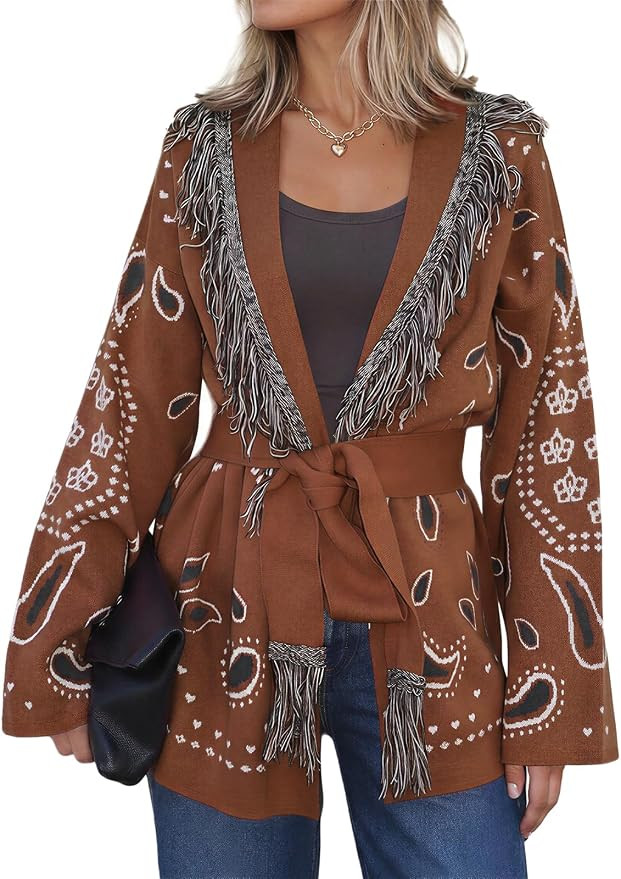 Cicy Bell Womens Fringe Cardigan Printed Long Sleeve V Neck Belt Sweaters | Open Front, Boho Swea... | Amazon (US)