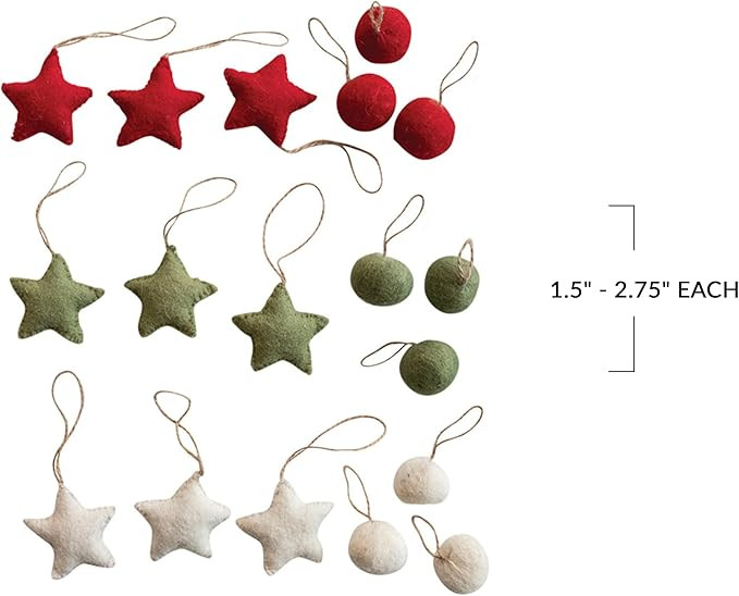 Creative Co-Op Handmade Wool Felt Ball and Star Ornaments in Kraft Box, Red, Green and Cream Colo... | Amazon (US)