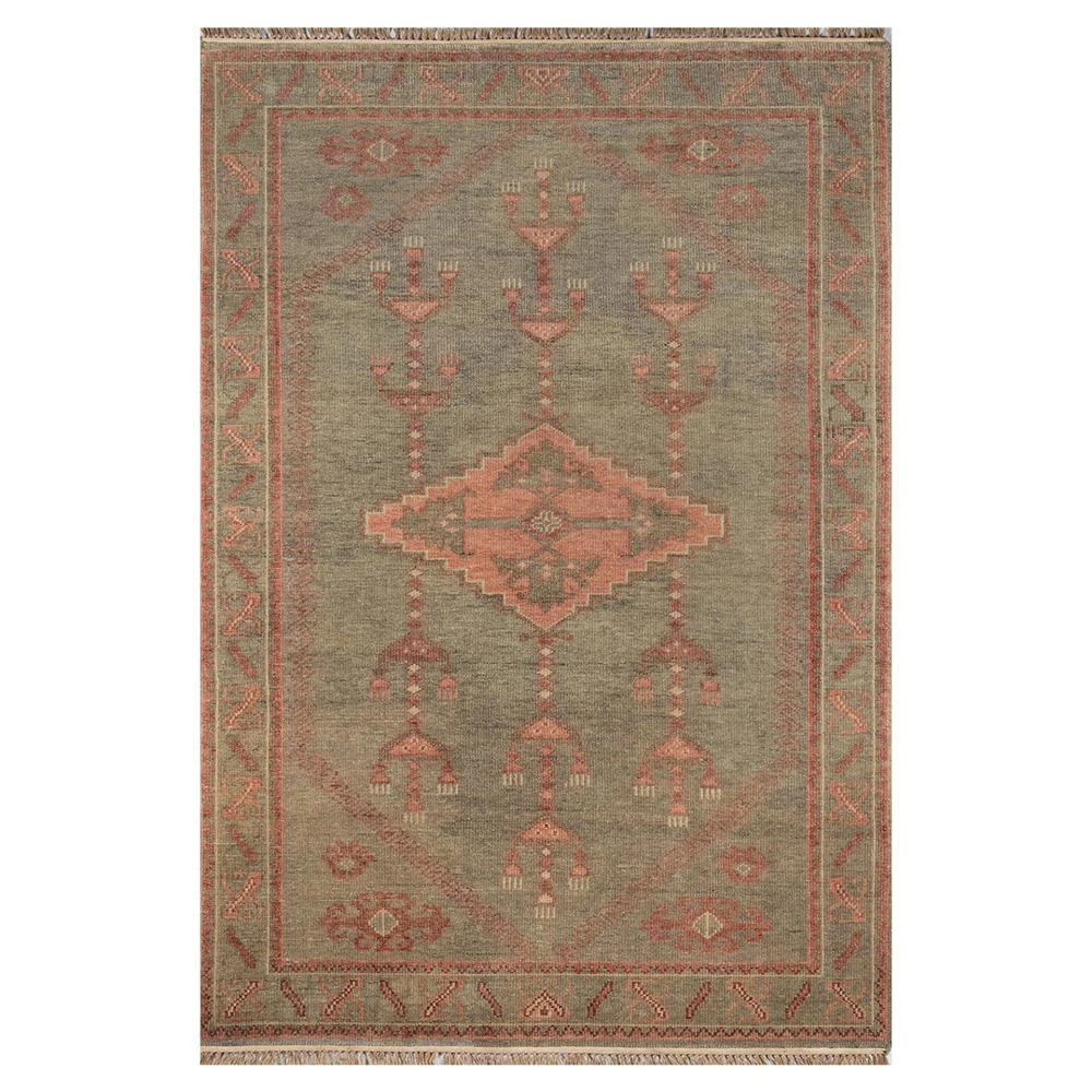 Kuku Global Bazaar Green Wool Orange Tribal Patterned Hand Knotted Rug - 8'x10' | Kathy Kuo Home