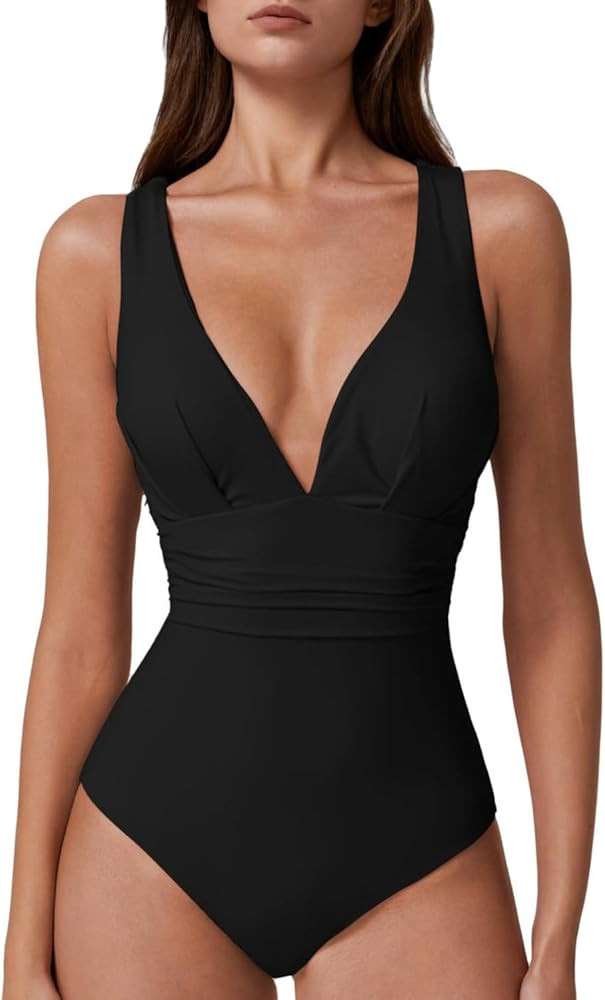 QINSEN Womens Sexy V Neck One Piece Bathing Suit Cross Back Swimsuit High Waist Monokini | Amazon (US)