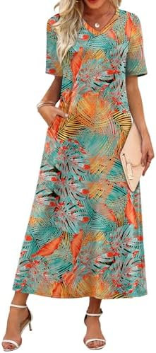 WIHOLL Women's Maxi Dresses V Neck Vacation Beach Sundresses Floral Travel Summer Dress | Amazon (US)