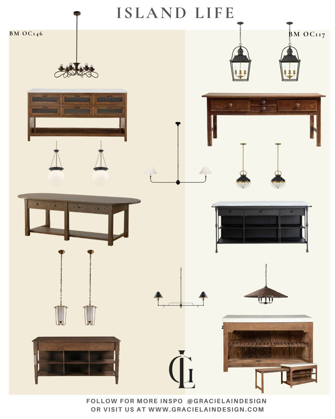 Freestanding islands + lighting combinations that prove it doesn’t have to be built-in to be beautiful. 🤍
From classic to rustic and farmhouse to refined, these islands pair effortlessly with pendants and chandeliers to create a kitchen that works hard and tells a story. Thoughtful combinations, multiple sizes to fit a variety of kitchens—and yes, even an option with a pull-out table for everyday living and gathering.

Design is about flexibility, function, and feeling at home. These pieces give you all three.
✨ Shop the looks + explore more inspiration at gracielaindesign.com

#ltkhome #ltkinteriors #kitchendesign #freestandingisland #kitchenisland #pendantlighting #chandelierlighting #farmhousekitchen #classicdesign #rustickitchen #refinedliving #interiordetails #kitcheninspo #designstory #gracielaindesign 

 #LTKfoodie #LTKHome #LTKSaleAlert