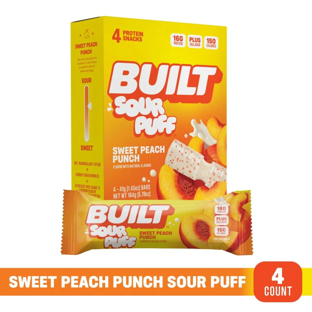BUILT Sour Puff Protein Bar, Sweet Peach Punch, 16g Protein, Collagen, 150 Calories, 4 Count Box,... | Walmart (US)