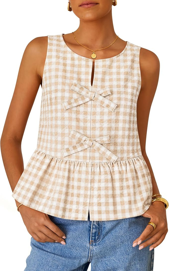 ZESICA Women's Summer Sleeveless Gingham Tank Tops 2026 Crewneck Tie Front Top Loose Ruffle Peplu... | Amazon (US)