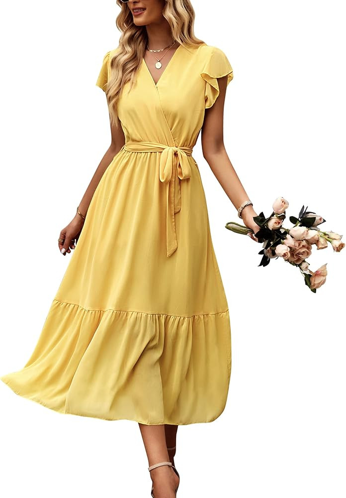 Bequemer Laden Women's Summer Floral Dress Wrap V Neck Short Sleeve Belted Ruffle Beach A-Line Bo... | Amazon (US)