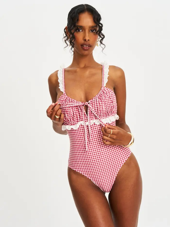Hallie Gingham Lace Backless Swimsuit | Nordstrom