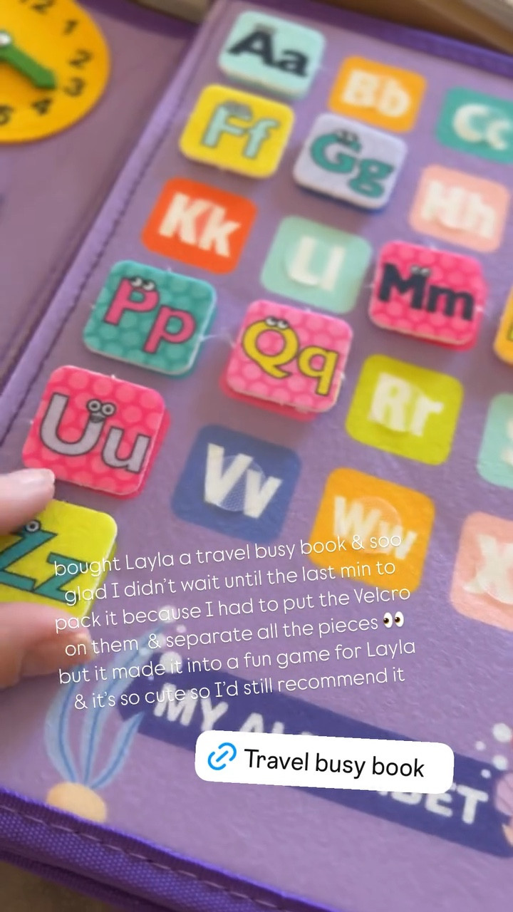 bought Layla a travel busy book & soo glad I didn’t wait until the last min to pack it because I had to put the Velcro on them & separate all the pieces 👀 but it made it into a fun game for Layla & it’s so cute so I’d still recommend it // travel essentials for kids / toddler plane toys / toddler busy book / toddler restaurant toys

#LTKTravel #LTKGiftGuide #LTKKids