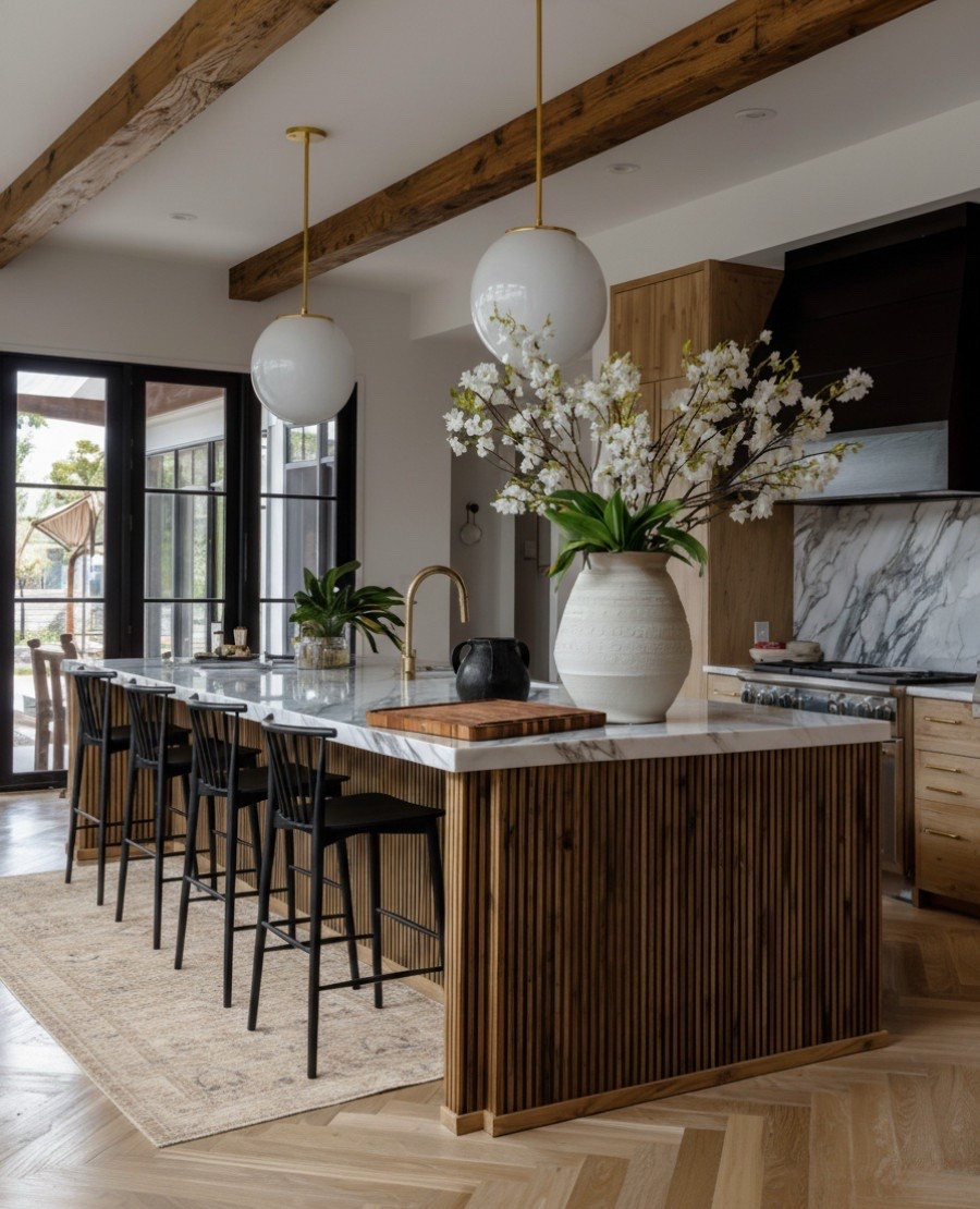 Warm modern kitchen with timeless texture.

This kitchen brings all the warmth and contrast, from the wood slat island detail to the black accents and brass fixtures that elevate the look. The marble countertops and backsplash add a luxurious yet natural touch, while the white globe pendants soften the space beautifully.

I love how the chevron wood floors tie everything together, creating that cozy organic modern feel that’s both fresh and inviting. Perfect balance between warm wood tones and clean modern lines.

Save this post if you’re collecting modern kitchen ideas, and shop similar barstools, pendants, and marble decor to recreate this look at home. 

#LTKHome #LTKSaleAlert #LTKFindsUnder100