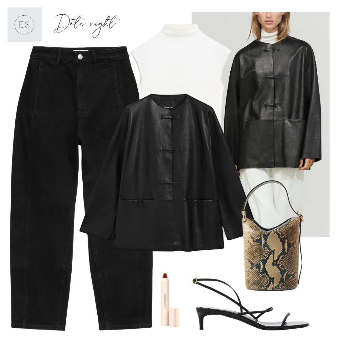 Smart casual jeans outfit. 

Black carrot leg jeans, black leather collarless jacket with button detail, black leather minimal heels, mini snake print leather bucket bag, red lip crayon. 

 #LTKuk #LTKautumn #LTKdatenight
