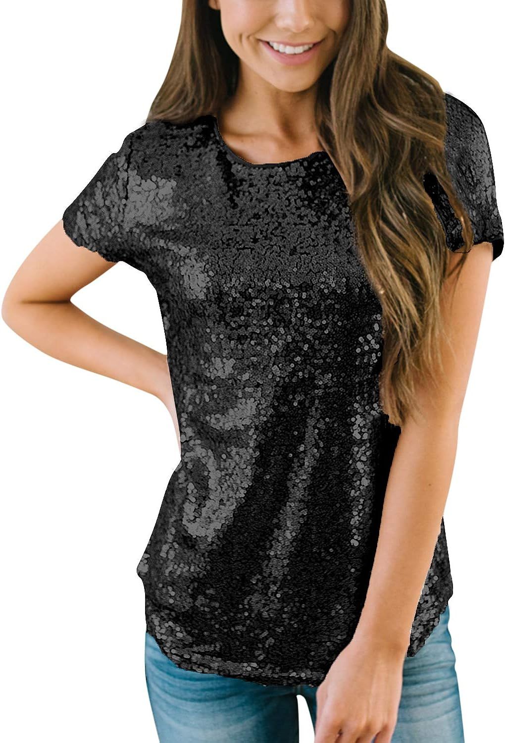 Spadehill Womens Full Sequin Sparkle Tops Glitter Short Sleeve Party Shirt S-3X | Amazon (US)