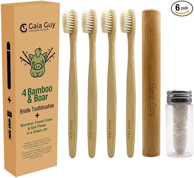 Gaia Guy Bamboo and Boar Bristle Toothbrush (4 Pack) + Travel Case & Silk Dental Floss | 100% Com... | Amazon (US)