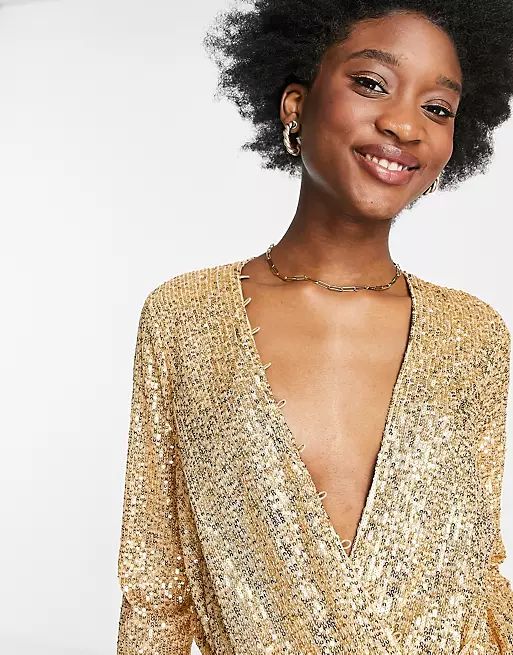 ASOS DESIGN embellished drape detail mini dress with button detail in gold | ASOS (Global)